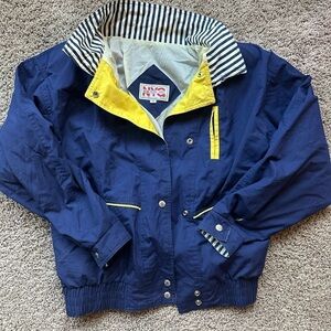 Navy and yellow NYC jacket with a cool striped collar and pockets jacket